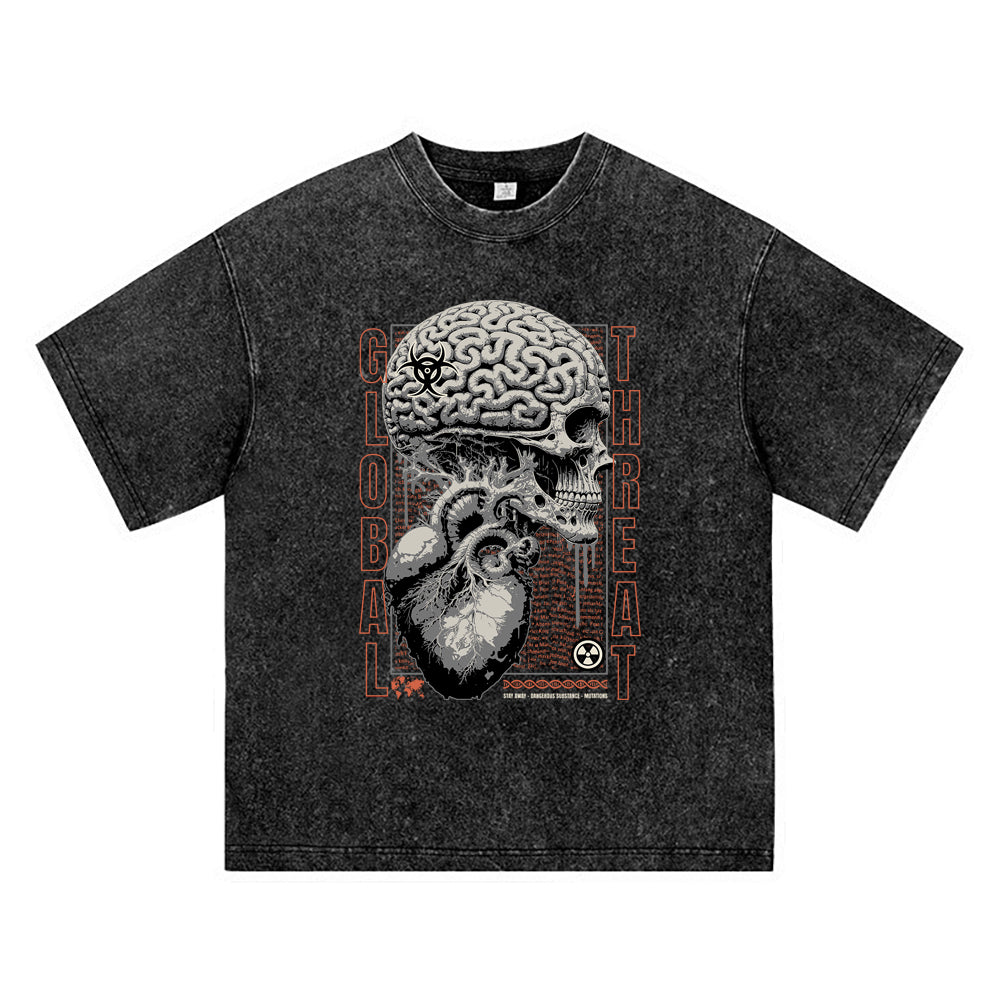 270GSM Heavy Cotton T-SHirt ACID Tees Washed Vintage T-Shirts Skull Brain DTG Print TShirts