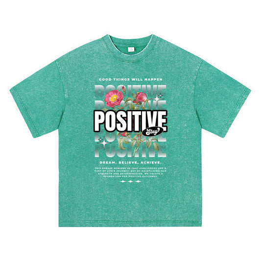 270GSM Heavy Cotton T-SHirt ACID Tees Washed Vintage T-Shirts Stay Positive Streetwear DTG Print TShirts