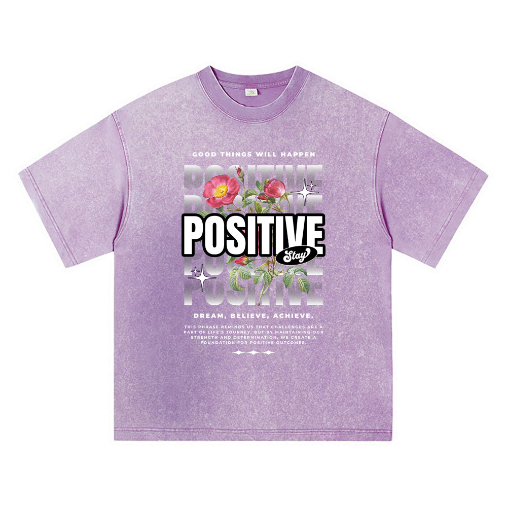 270GSM Heavy Cotton T-SHirt ACID Tees Washed Vintage T-Shirts Stay Positive Streetwear DTG Print TShirts