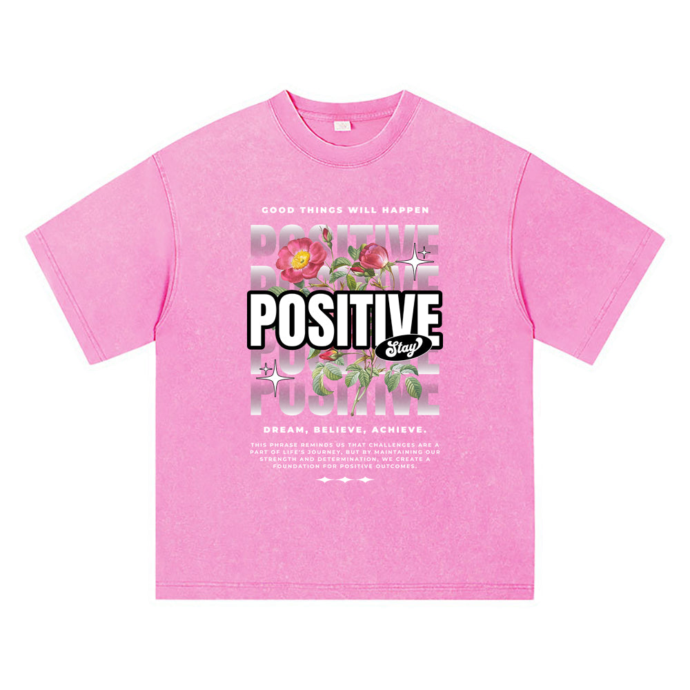 270GSM Heavy Cotton T-SHirt ACID Tees Washed Vintage T-Shirts Stay Positive Streetwear DTG Print TShirts