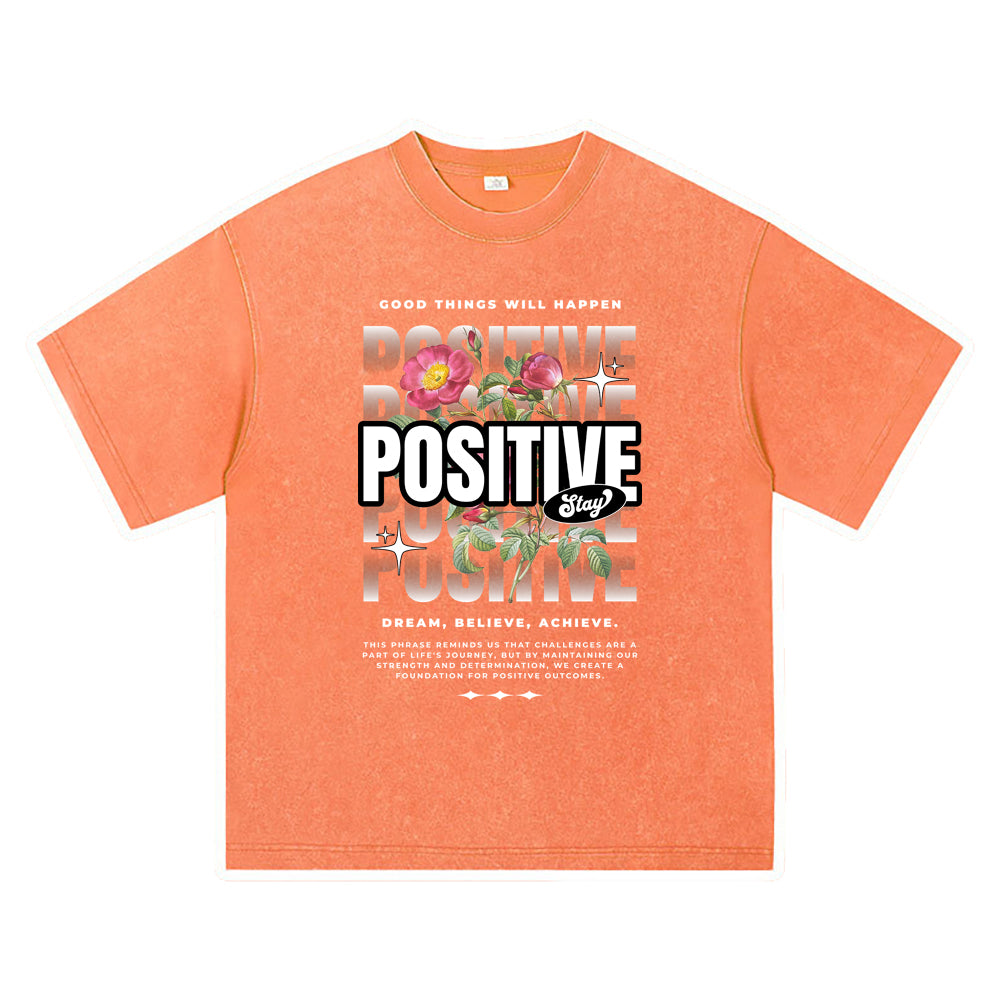 270GSM Heavy Cotton T-SHirt ACID Tees Washed Vintage T-Shirts Stay Positive Streetwear DTG Print TShirts