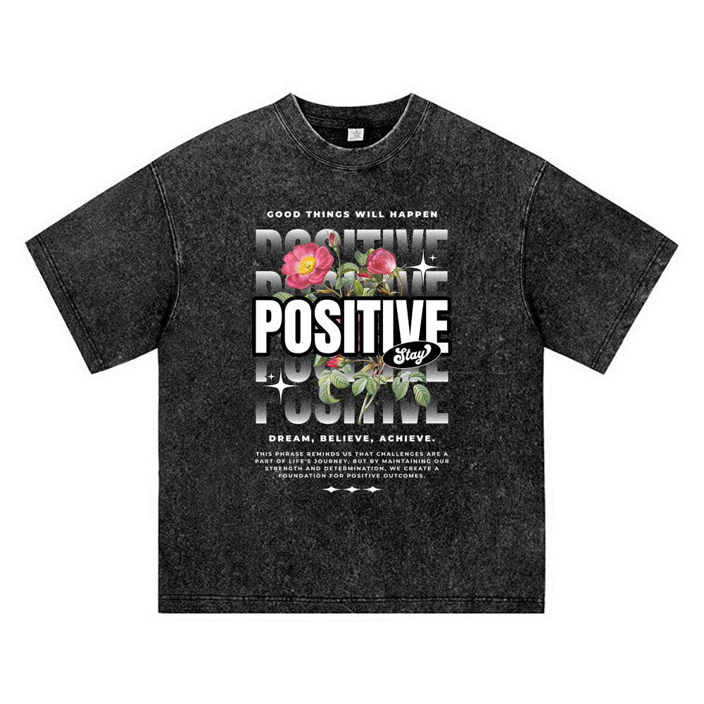 270GSM Heavy Cotton T-SHirt ACID Tees Washed Vintage T-Shirts Stay Positive Streetwear DTG Print TShirts