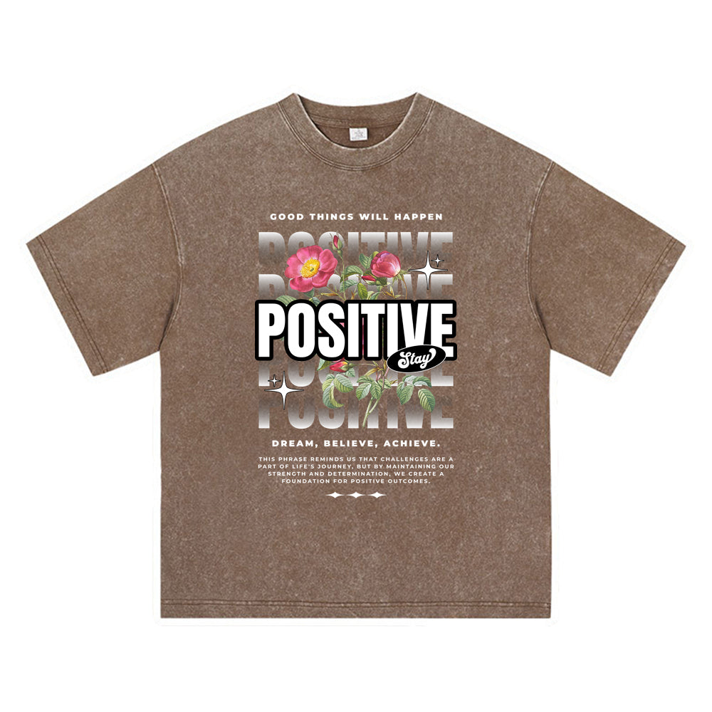 270GSM Heavy Cotton T-SHirt ACID Tees Washed Vintage T-Shirts Stay Positive Streetwear DTG Print TShirts