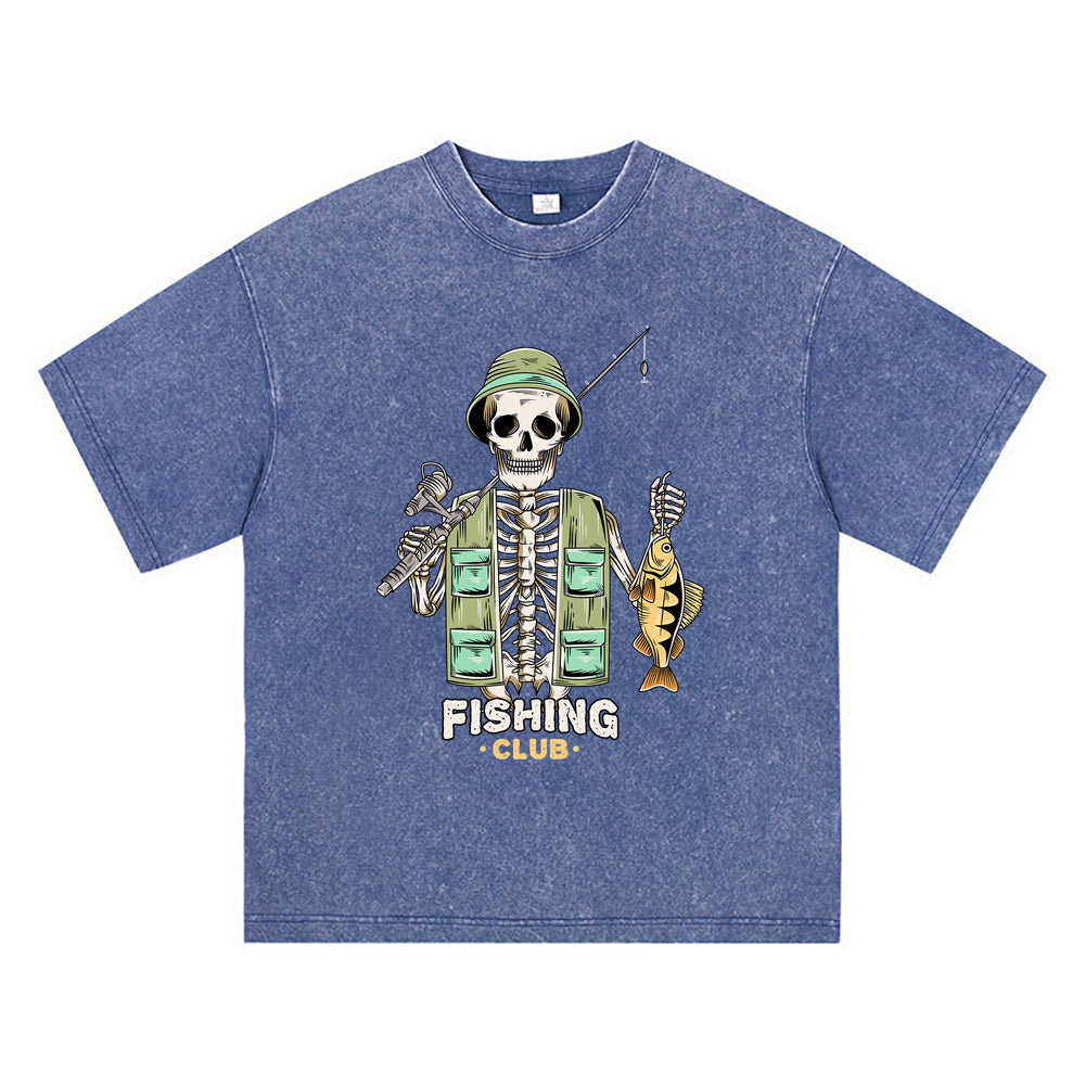 270GSM Heavy Cotton T-SHirt ACID Tees Washed Vintage T-Shirts Skeleton Fishing DTG Print TShirts