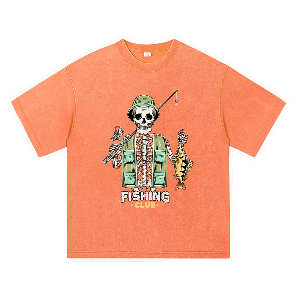 270GSM Heavy Cotton T-SHirt ACID Tees Washed Vintage T-Shirts Skeleton Fishing DTG Print TShirts