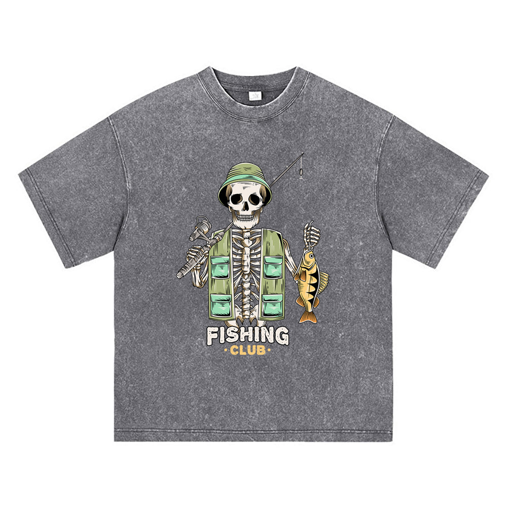 270GSM Heavy Cotton T-SHirt ACID Tees Washed Vintage T-Shirts Skeleton Fishing DTG Print TShirts