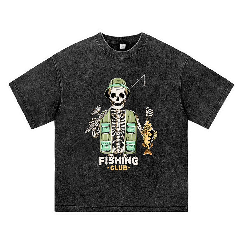 270GSM Heavy Cotton T-SHirt ACID Tees Washed Vintage T-Shirts Skeleton Fishing DTG Print TShirts