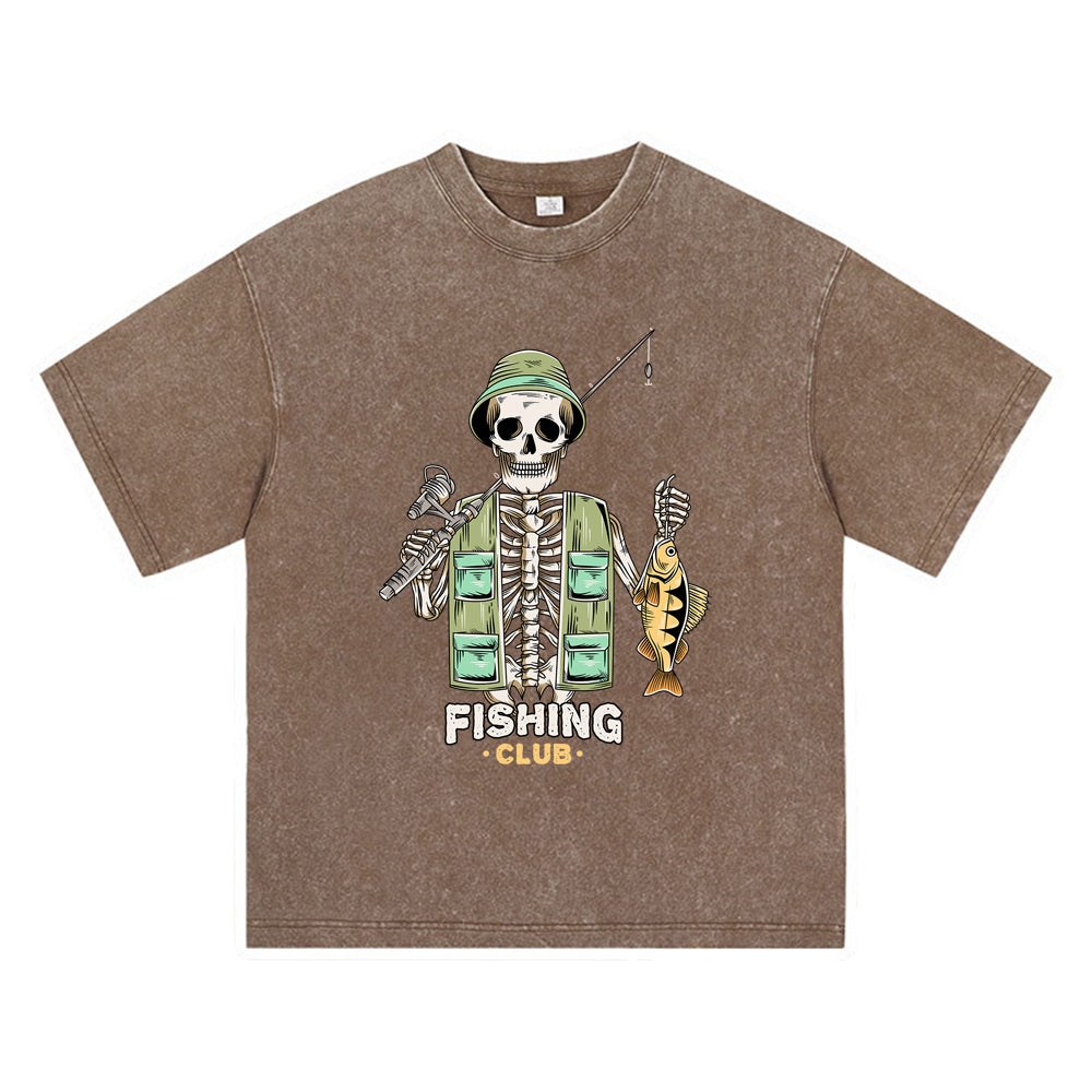 270GSM Heavy Cotton T-SHirt ACID Tees Washed Vintage T-Shirts Skeleton Fishing DTG Print TShirts