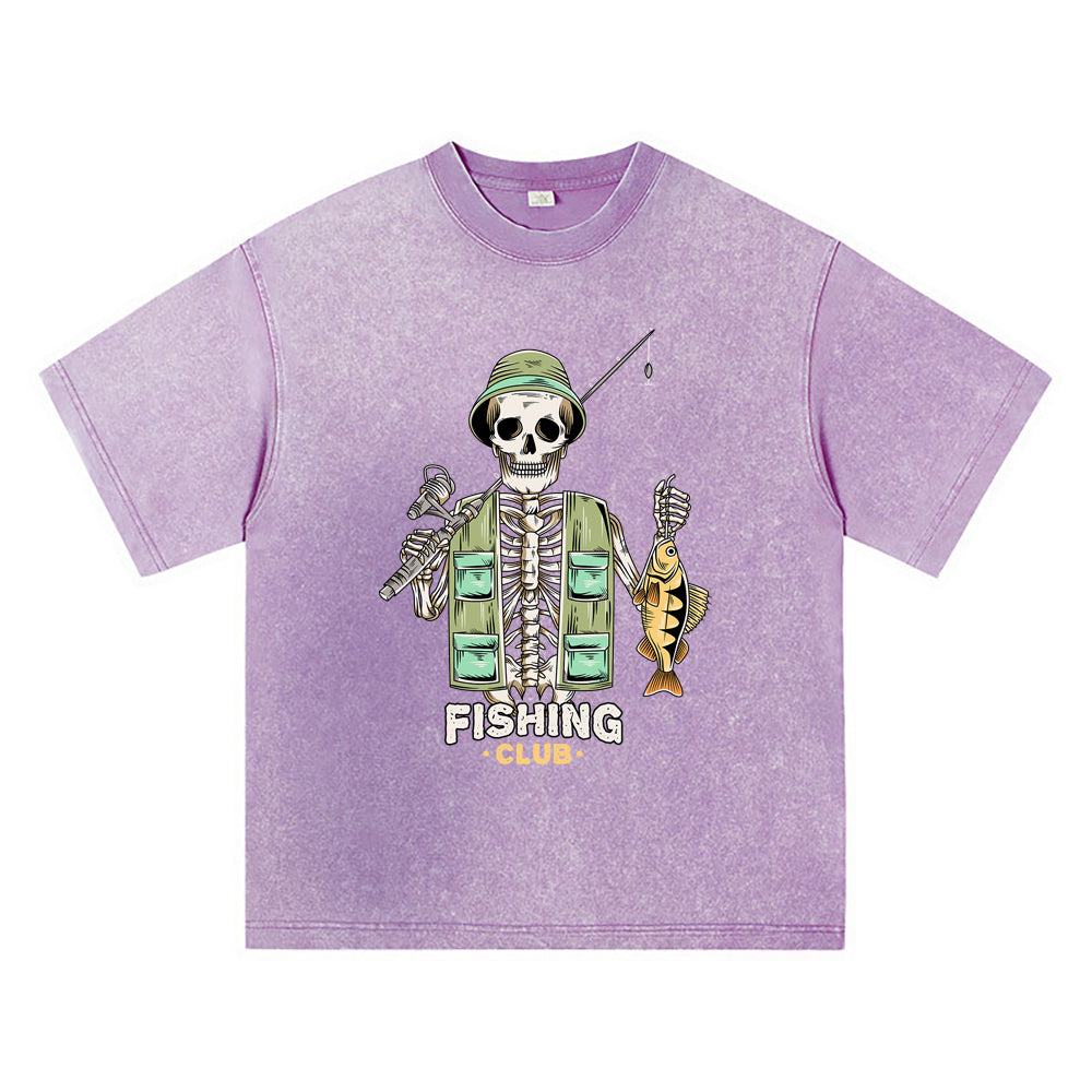 270GSM Heavy Cotton T-SHirt ACID Tees Washed Vintage T-Shirts Skeleton Fishing DTG Print TShirts