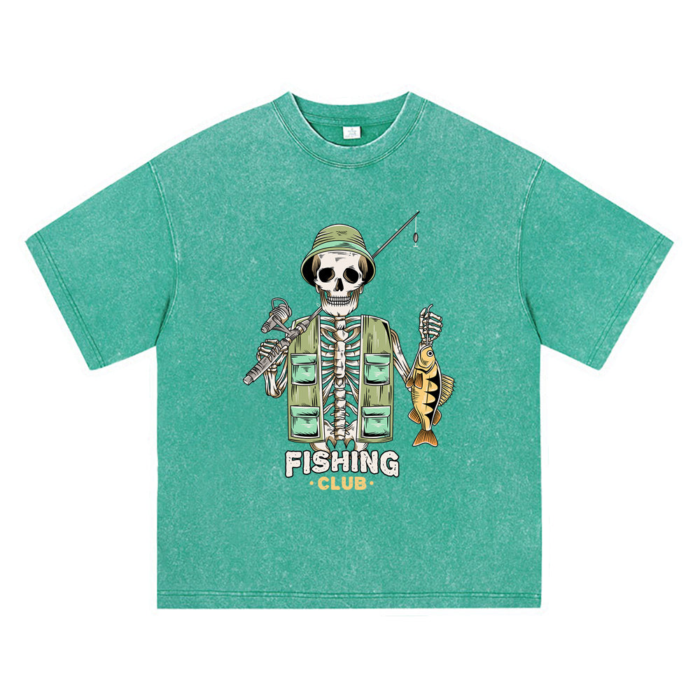 270GSM Heavy Cotton T-SHirt ACID Tees Washed Vintage T-Shirts Skeleton Fishing DTG Print TShirts