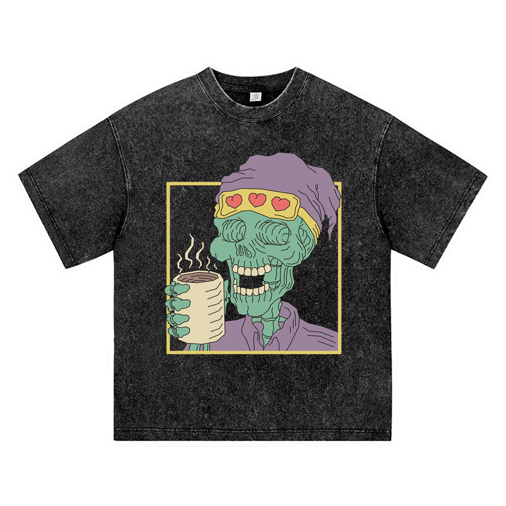 270GSM Heavy Cotton T-SHirt ACID Tees Washed Vintage T-Shirts Skeleton Holding Coffee Cup DTG Print TShirts