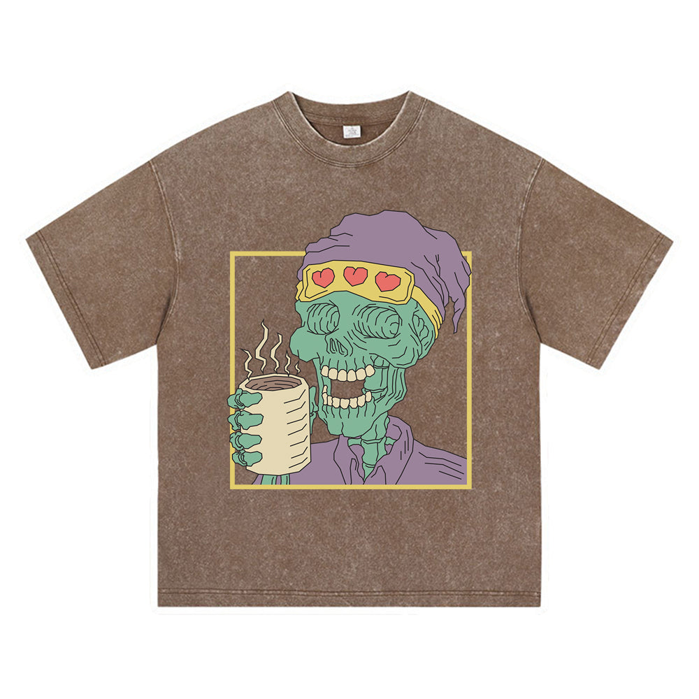 270GSM Heavy Cotton T-SHirt ACID Tees Washed Vintage T-Shirts Skeleton Holding Coffee Cup DTG Print TShirts