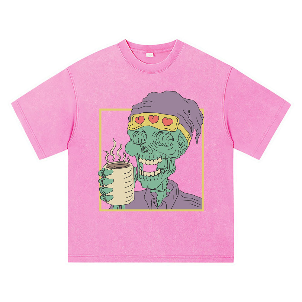 270GSM Heavy Cotton T-SHirt ACID Tees Washed Vintage T-Shirts Skeleton Holding Coffee Cup DTG Print TShirts