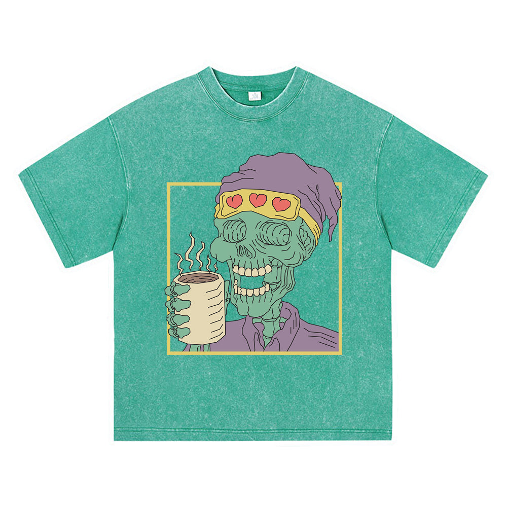 270GSM Heavy Cotton T-SHirt ACID Tees Washed Vintage T-Shirts Skeleton Holding Coffee Cup DTG Print TShirts