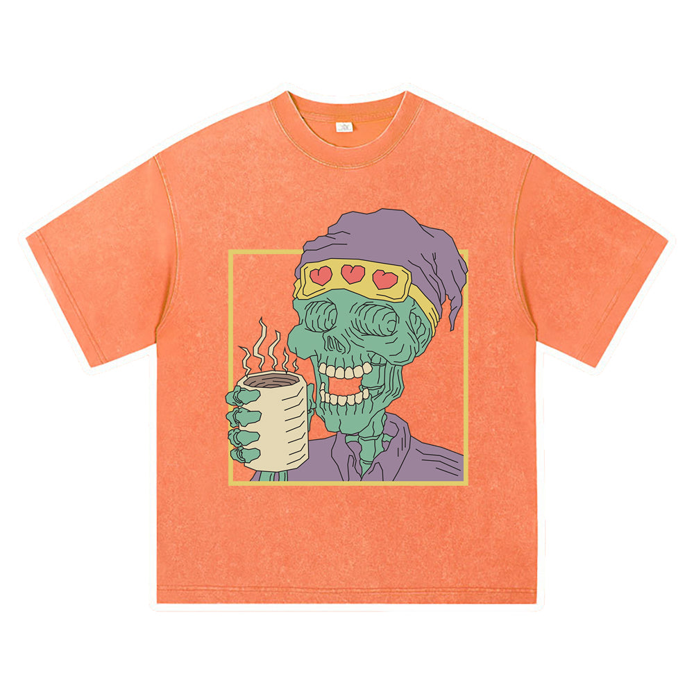 270GSM Heavy Cotton T-SHirt ACID Tees Washed Vintage T-Shirts Skeleton Holding Coffee Cup DTG Print TShirts