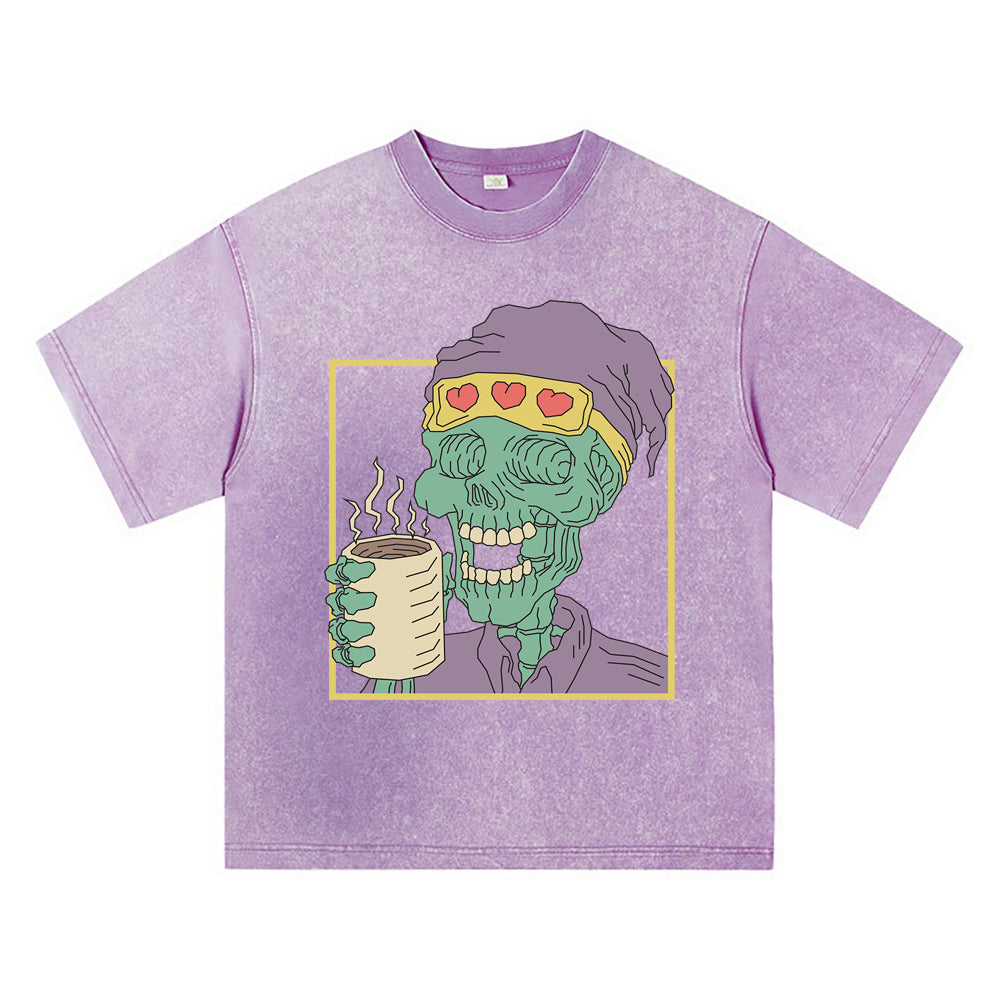 270GSM Heavy Cotton T-SHirt ACID Tees Washed Vintage T-Shirts Skeleton Holding Coffee Cup DTG Print TShirts