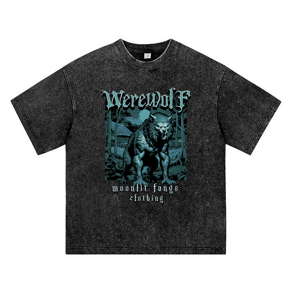 270GSM Heavy Cotton T-SHirt ACID Tees Washed Vintage T-Shirts Werewolf DTG Print TShirts