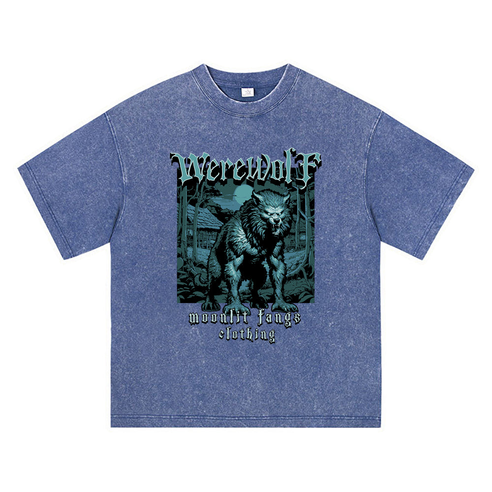 270GSM Heavy Cotton T-SHirt ACID Tees Washed Vintage T-Shirts Werewolf DTG Print TShirts