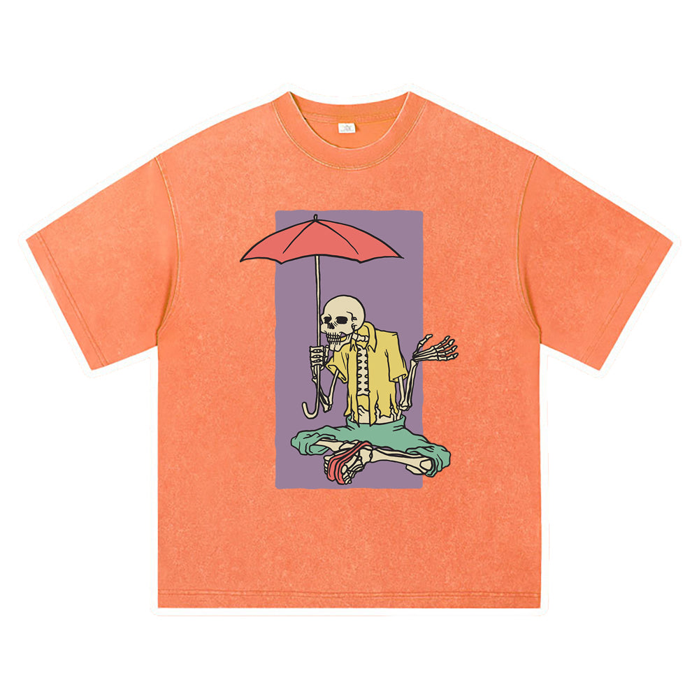 270GSM Heavy Cotton T-SHirt ACID Tees Washed Vintage T-Shirts Skeleton Holding Umbrella DTG Print TShirts