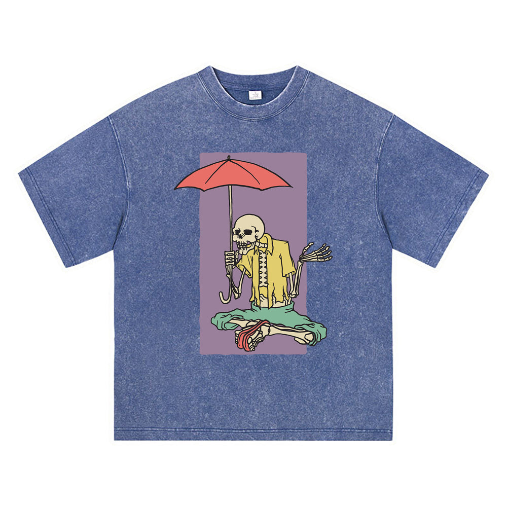 270GSM Heavy Cotton T-SHirt ACID Tees Washed Vintage T-Shirts Skeleton Holding Umbrella DTG Print TShirts