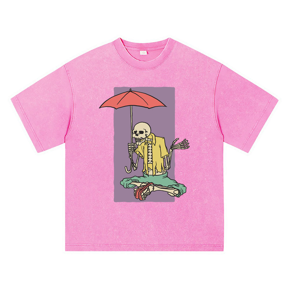 270GSM Heavy Cotton T-SHirt ACID Tees Washed Vintage T-Shirts Skeleton Holding Umbrella DTG Print TShirts