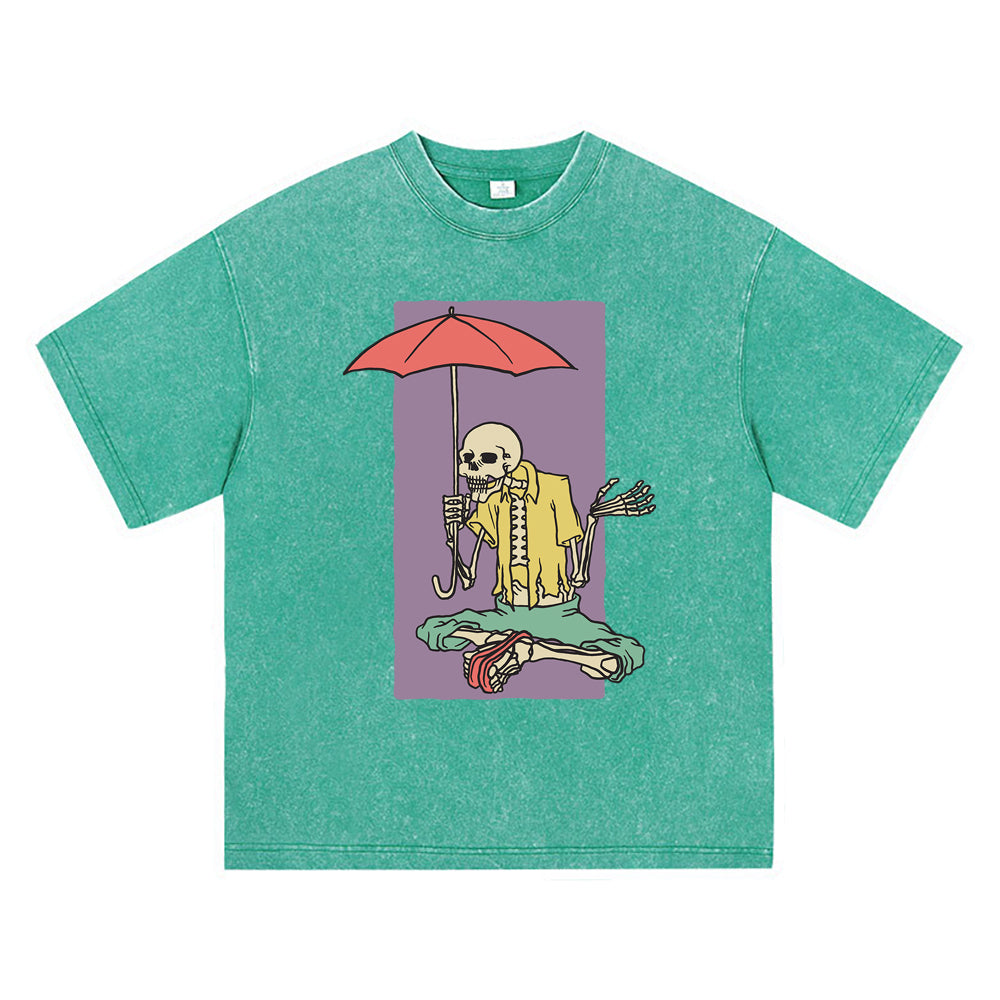 270GSM Heavy Cotton T-SHirt ACID Tees Washed Vintage T-Shirts Skeleton Holding Umbrella DTG Print TShirts