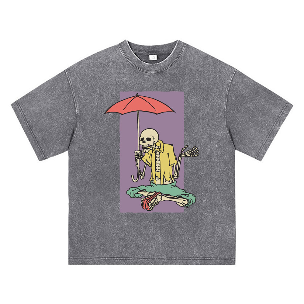 270GSM Heavy Cotton T-SHirt ACID Tees Washed Vintage T-Shirts Skeleton Holding Umbrella DTG Print TShirts