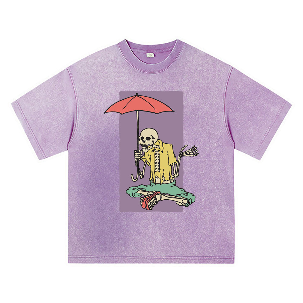 270GSM Heavy Cotton T-SHirt ACID Tees Washed Vintage T-Shirts Skeleton Holding Umbrella DTG Print TShirts