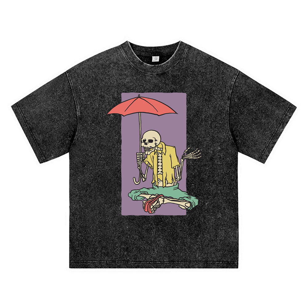 270GSM Heavy Cotton T-SHirt ACID Tees Washed Vintage T-Shirts Skeleton Holding Umbrella DTG Print TShirts