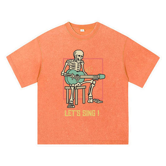 270GSM Heavy Cotton T-SHirt ACID Tees Washed Vintage T-Shirts Skeleton Playing Acoustic Guitar DTG Print TShirts