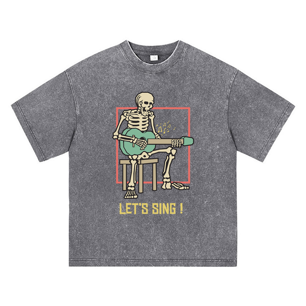 270GSM Heavy Cotton T-SHirt ACID Tees Washed Vintage T-Shirts Skeleton Playing Acoustic Guitar DTG Print TShirts