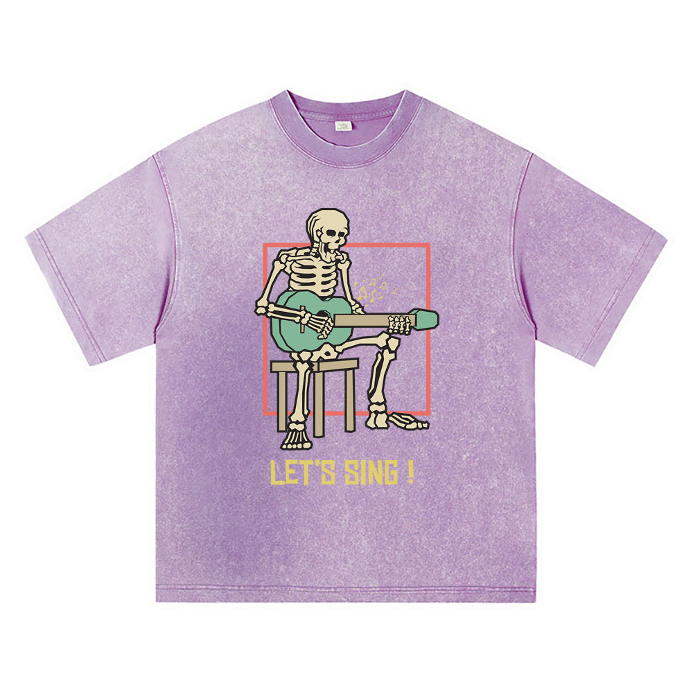 270GSM Heavy Cotton T-SHirt ACID Tees Washed Vintage T-Shirts Skeleton Playing Acoustic Guitar DTG Print TShirts