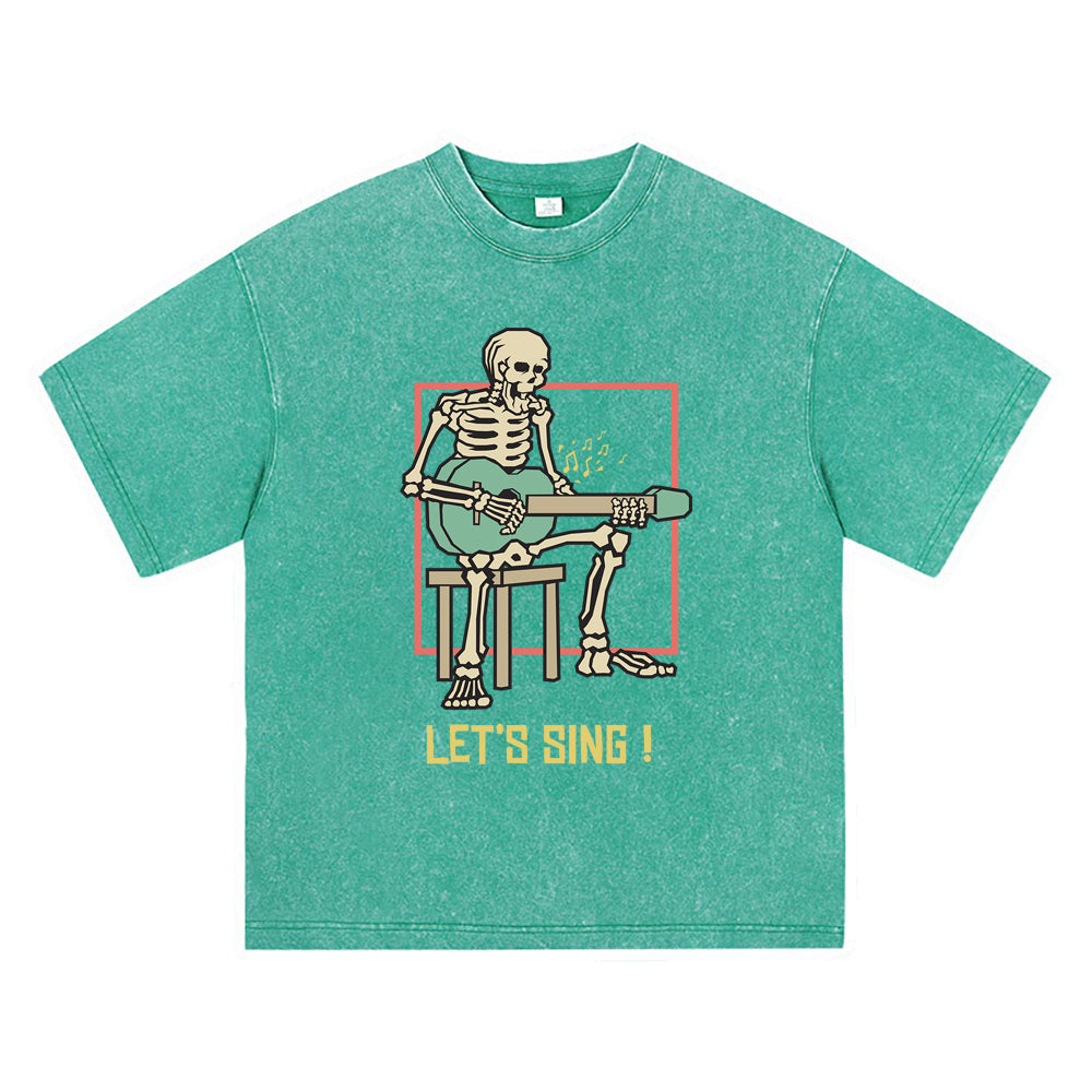 270GSM Heavy Cotton T-SHirt ACID Tees Washed Vintage T-Shirts Skeleton Playing Acoustic Guitar DTG Print TShirts