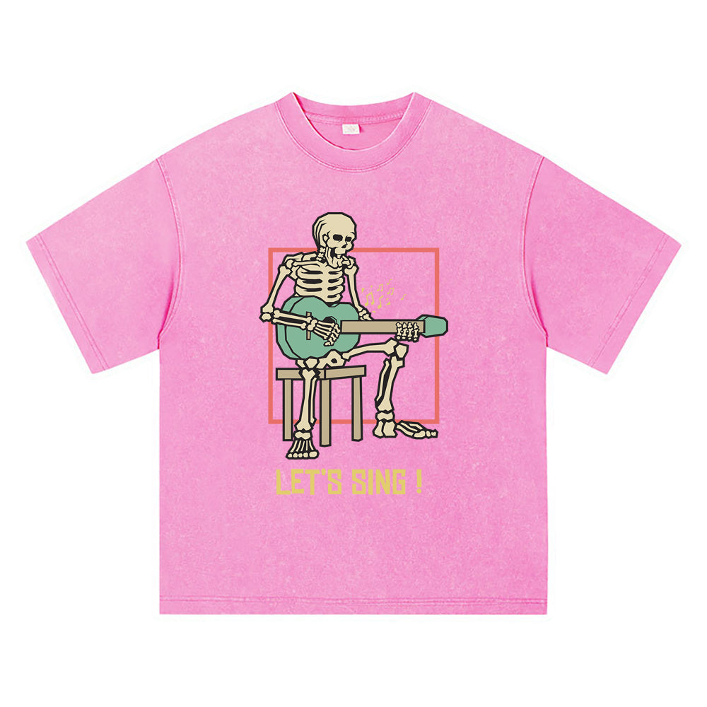 270GSM Heavy Cotton T-SHirt ACID Tees Washed Vintage T-Shirts Skeleton Playing Acoustic Guitar DTG Print TShirts