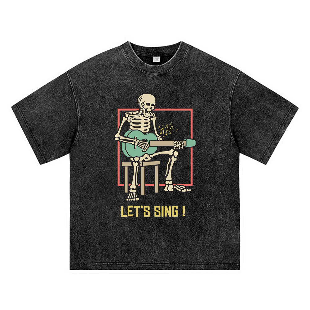 270GSM Heavy Cotton T-SHirt ACID Tees Washed Vintage T-Shirts Skeleton Playing Acoustic Guitar DTG Print TShirts