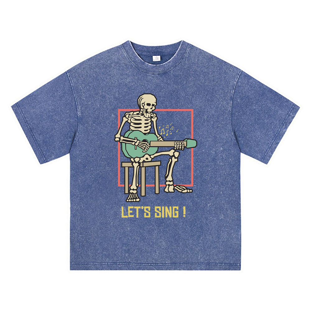 270GSM Heavy Cotton T-SHirt ACID Tees Washed Vintage T-Shirts Skeleton Playing Acoustic Guitar DTG Print TShirts