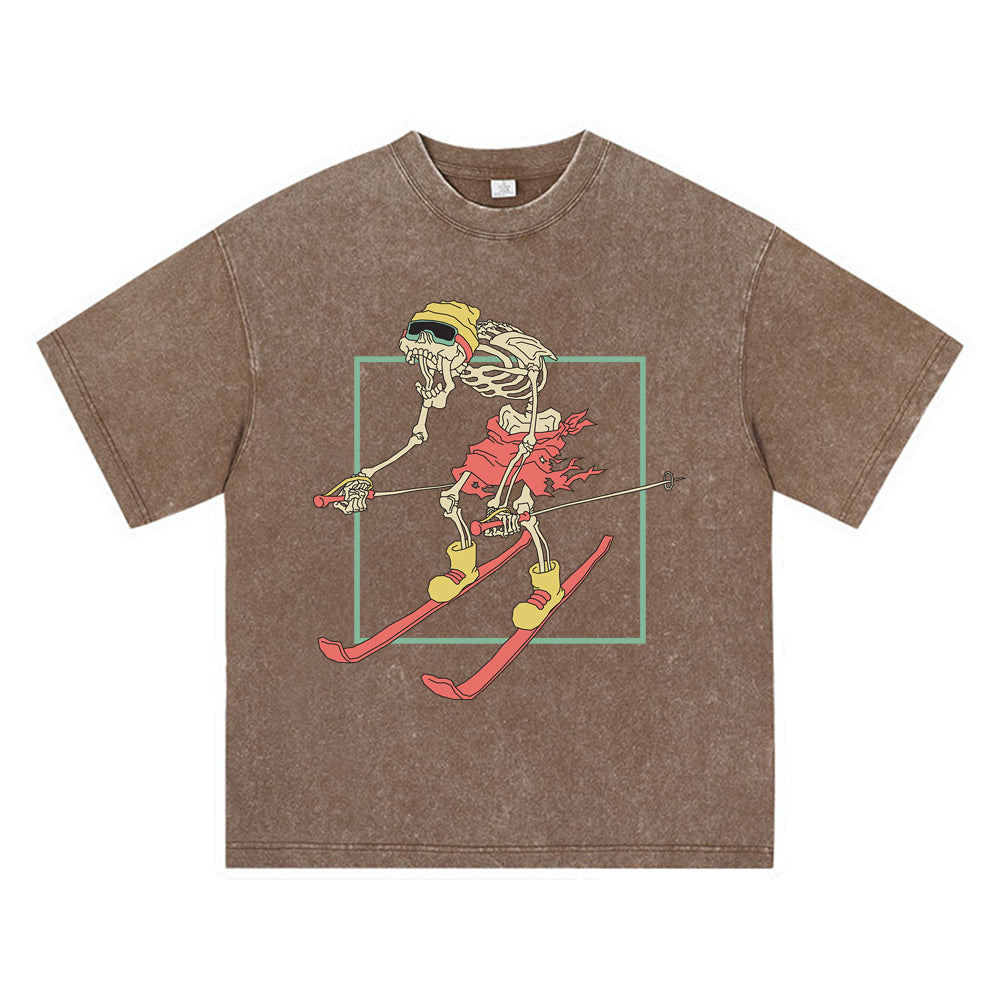 270GSM Heavy Cotton T-SHirt ACID Tees Washed Vintage T-Shirts Skeleton Playing Ski DTG Print TShirts