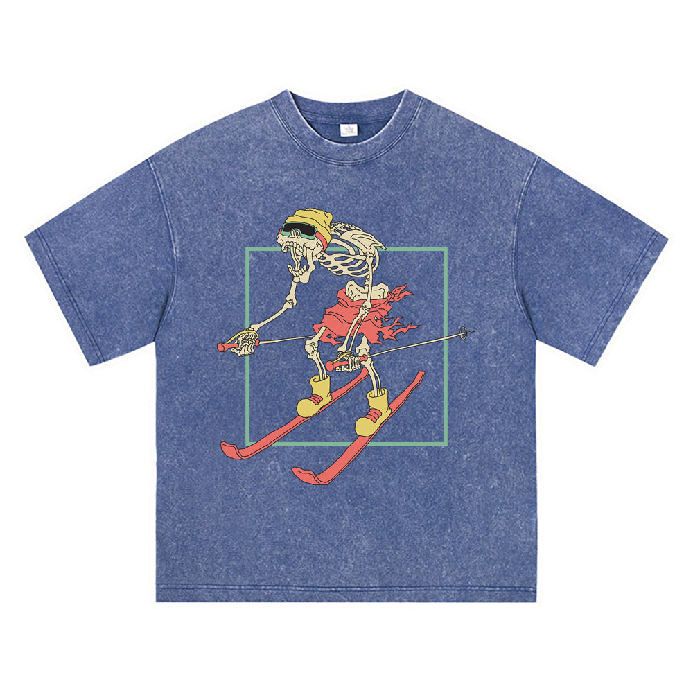 270GSM Heavy Cotton T-SHirt ACID Tees Washed Vintage T-Shirts Skeleton Playing Ski DTG Print TShirts