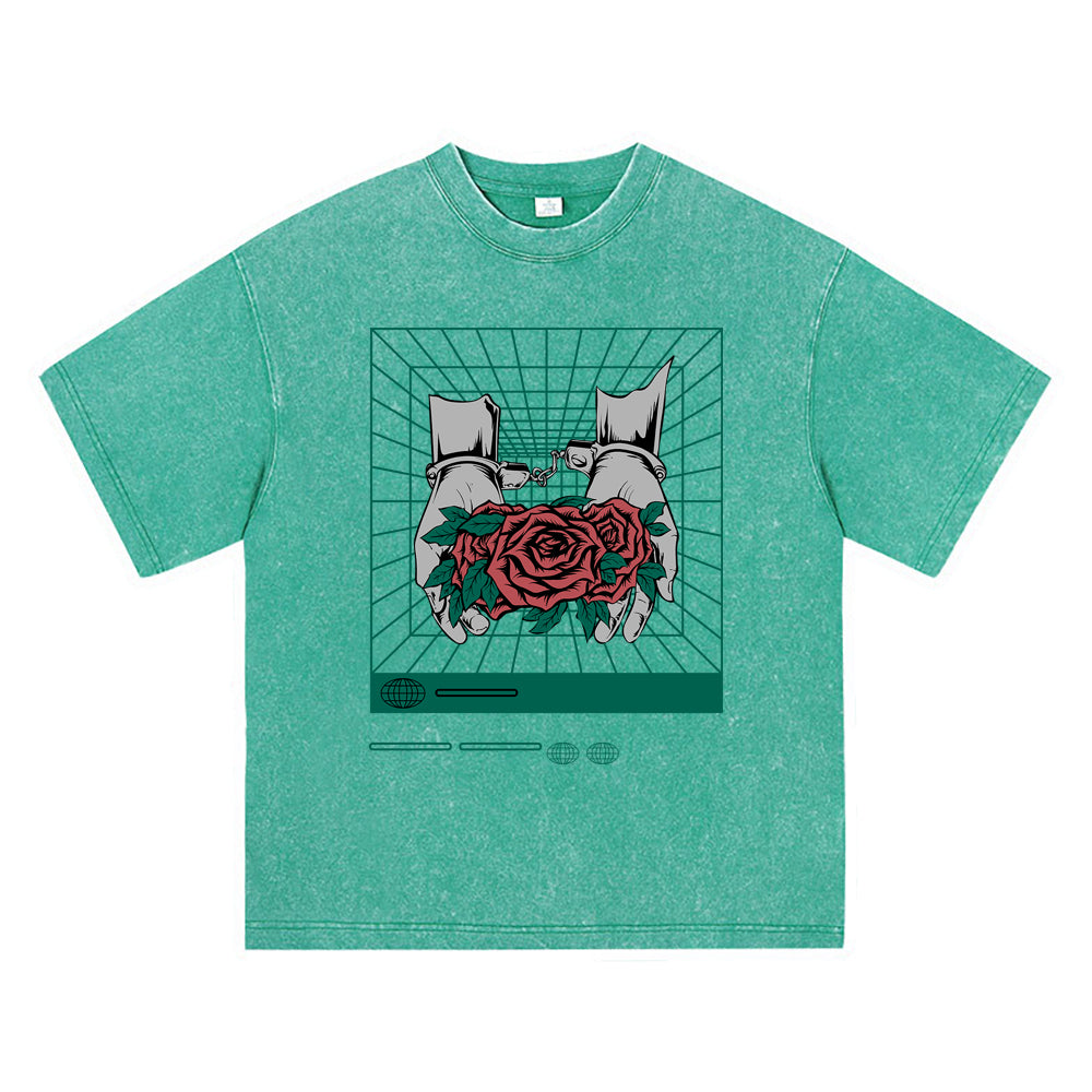 270GSM Heavy Cotton T-SHirt ACID Tees Washed Vintage T-Shirts Hand_Flower DTG Print TShirts