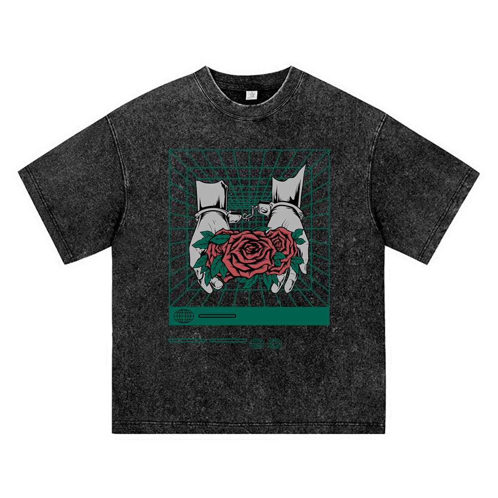 270GSM Heavy Cotton T-SHirt ACID Tees Washed Vintage T-Shirts Hand_Flower DTG Print TShirts