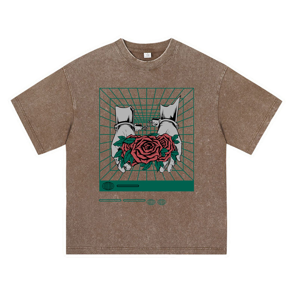 270GSM Heavy Cotton T-SHirt ACID Tees Washed Vintage T-Shirts Hand_Flower DTG Print TShirts