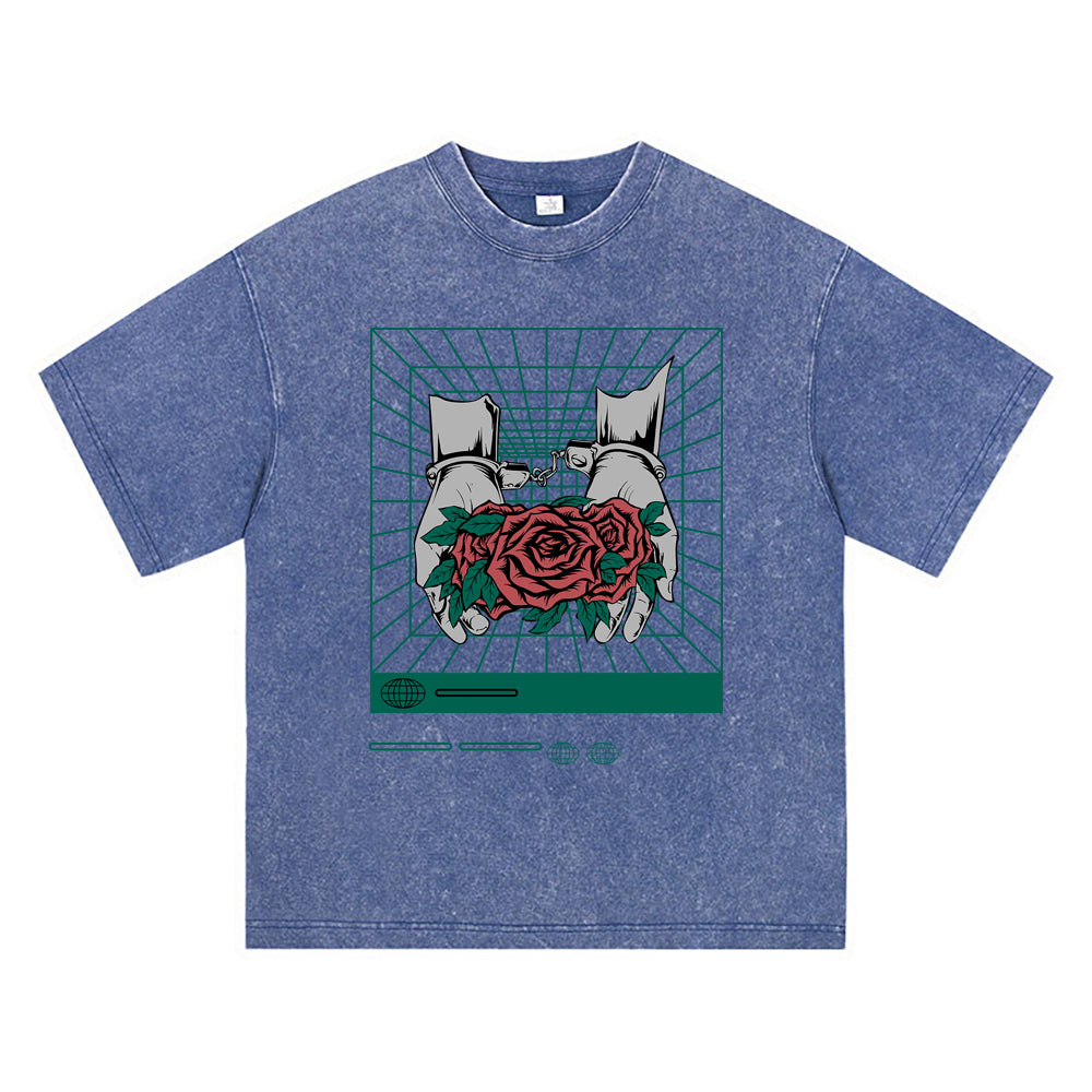 270GSM Heavy Cotton T-SHirt ACID Tees Washed Vintage T-Shirts Hand_Flower DTG Print TShirts