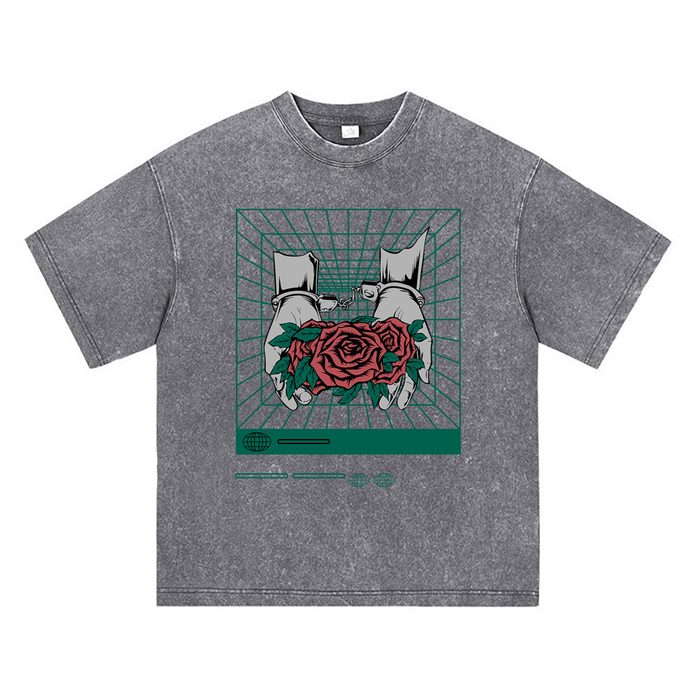 270GSM Heavy Cotton T-SHirt ACID Tees Washed Vintage T-Shirts Hand_Flower DTG Print TShirts