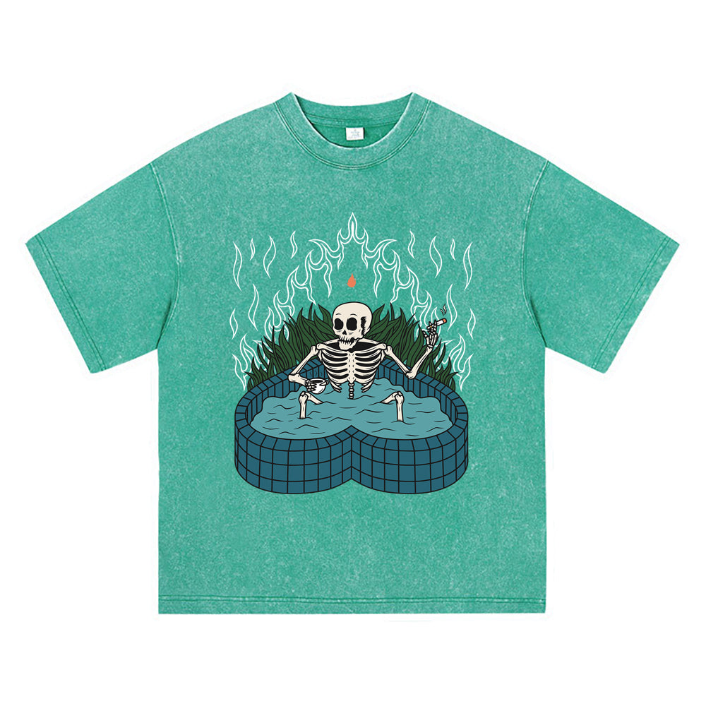 270GSM Heavy Cotton T-SHirt ACID Tees Washed Vintage T-Shirts Skeleton Pool DTG Print TShirts