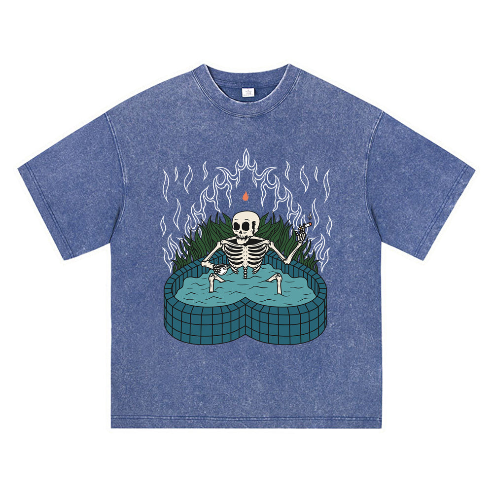 270GSM Heavy Cotton T-SHirt ACID Tees Washed Vintage T-Shirts Skeleton Pool DTG Print TShirts