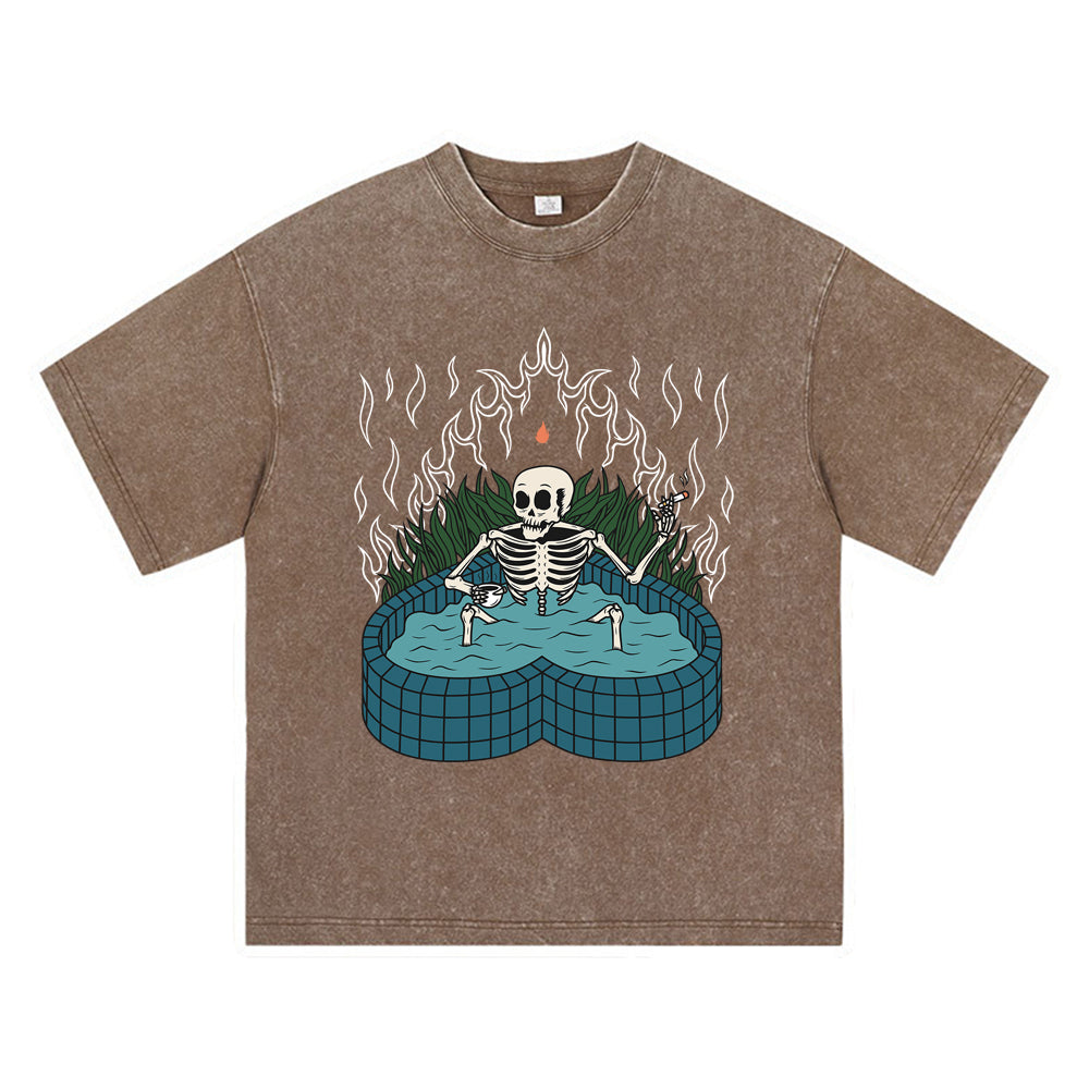 270GSM Heavy Cotton T-SHirt ACID Tees Washed Vintage T-Shirts Skeleton Pool DTG Print TShirts