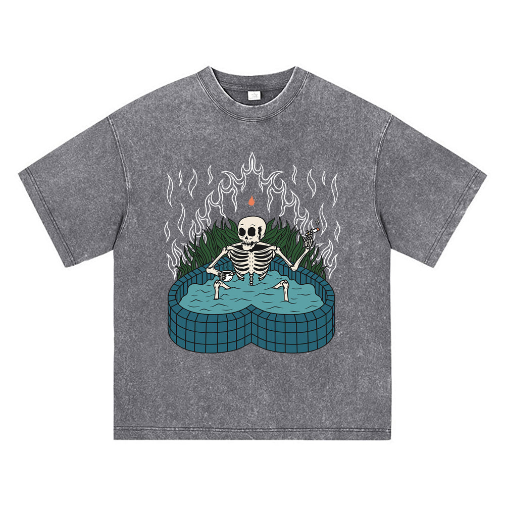 270GSM Heavy Cotton T-SHirt ACID Tees Washed Vintage T-Shirts Skeleton Pool DTG Print TShirts