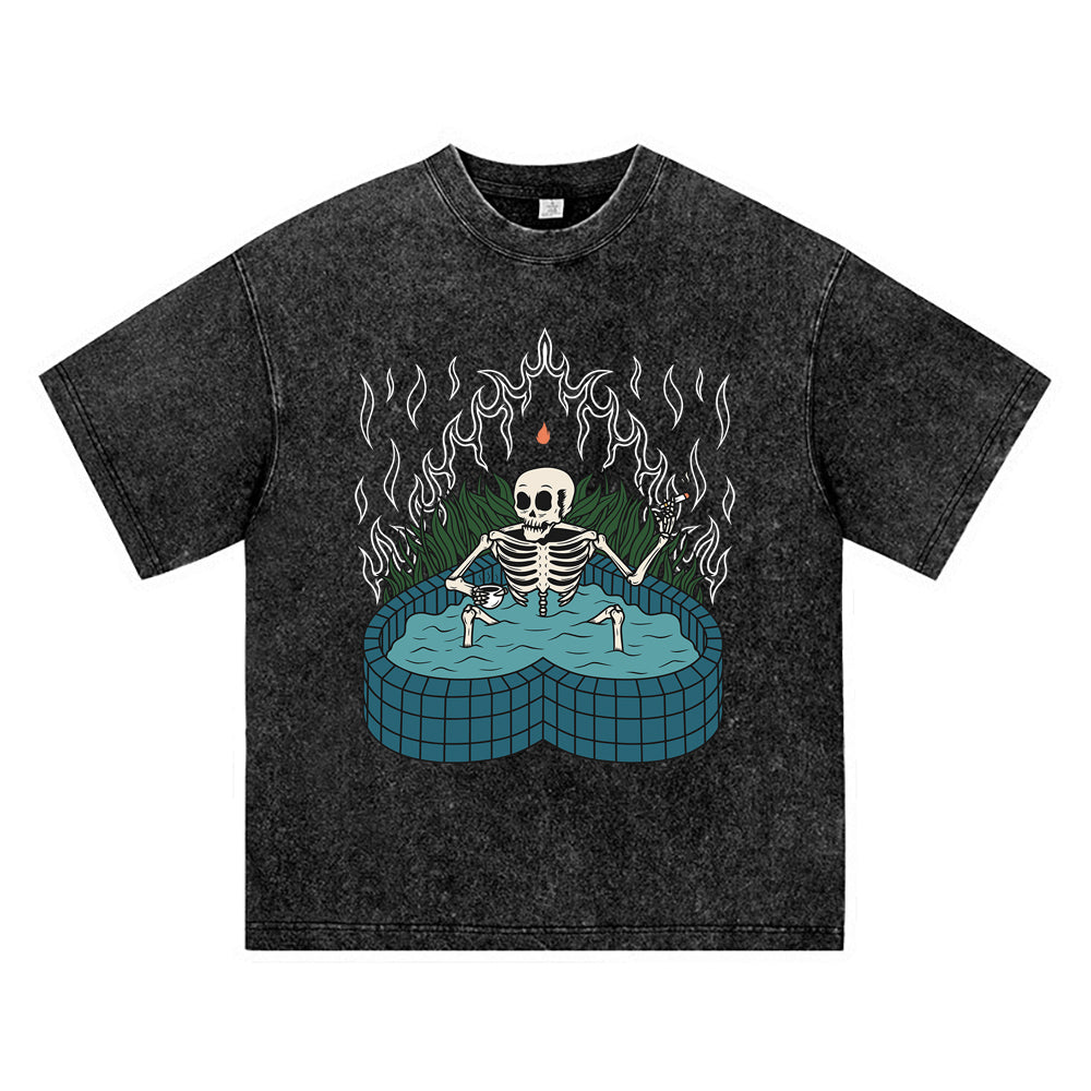 270GSM Heavy Cotton T-SHirt ACID Tees Washed Vintage T-Shirts Skeleton Pool DTG Print TShirts