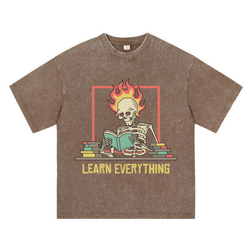 270GSM Heavy Cotton T-SHirt ACID Tees Washed Vintage T-Shirts Skeleton Reading Book DTG Print TShirts