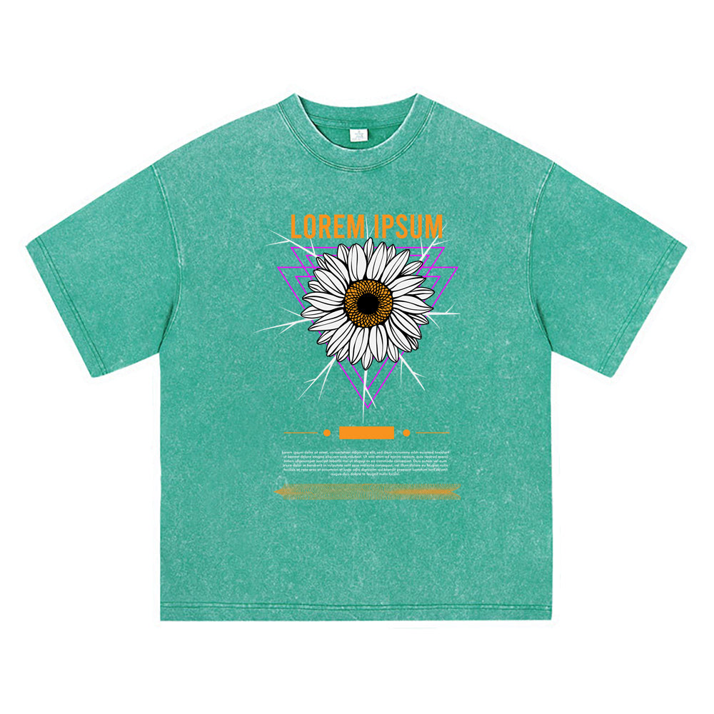 270GSM Heavy Cotton T-SHirt ACID Tees Washed Vintage T-Shirts Sun Flower DTG Print TShirts